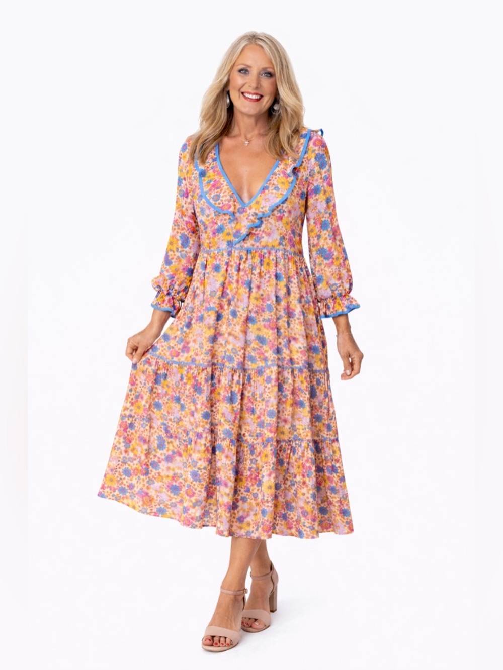 Entro Pastel Floral Cottage Core Tiered Midi Dress in Yellow & Pink Size Medium